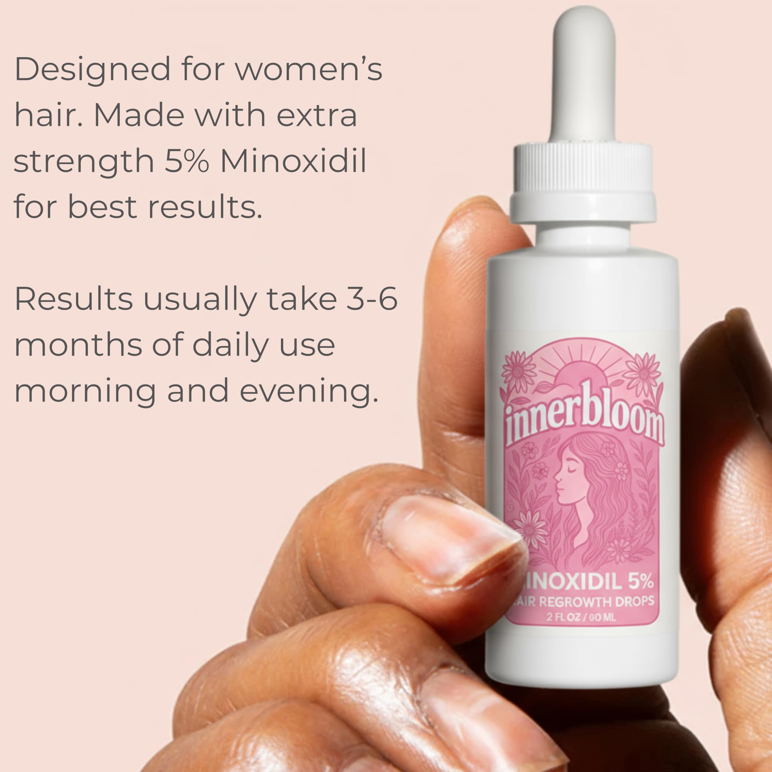 Innerbloom Minoxidil bottle label and cap clearly visible for easy use.