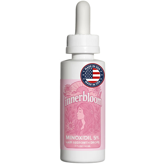 Innerbloom Minoxidil USA bottle for women with thinning areas on the scalp.