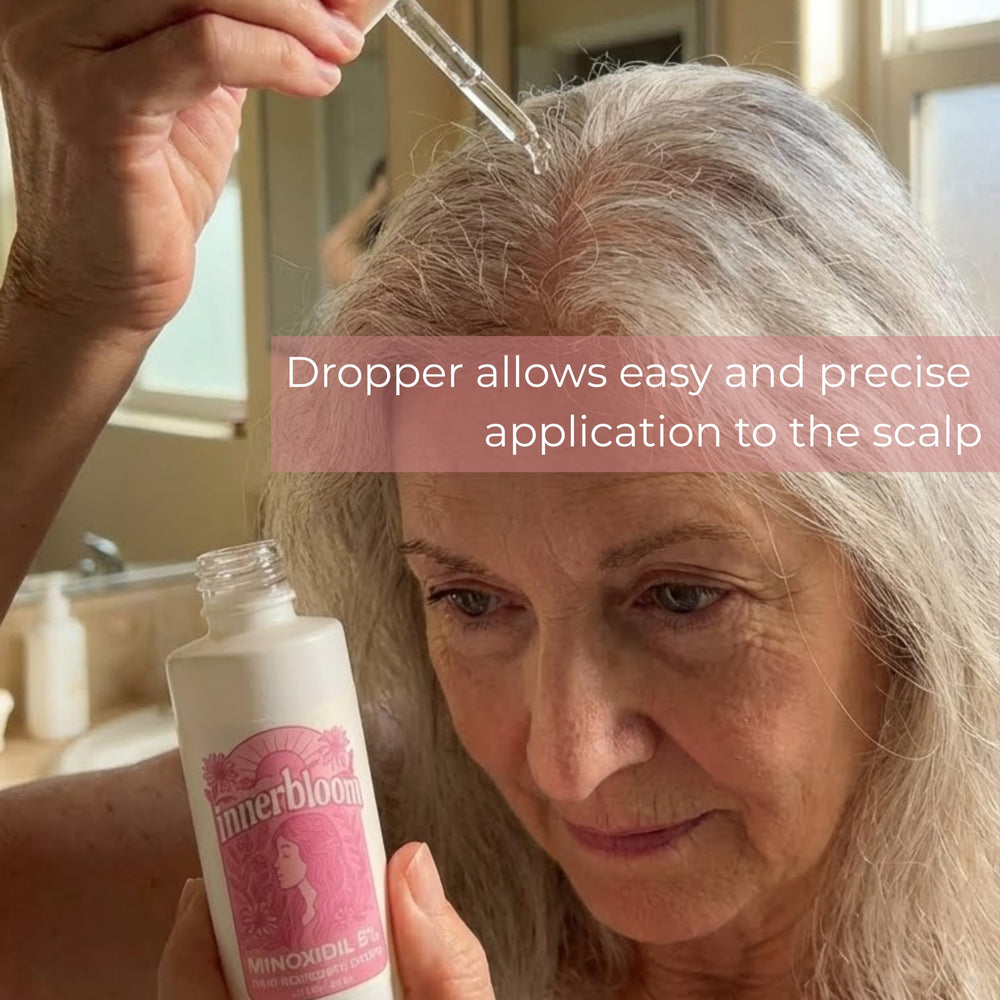 Innerbloom Minoxidil bottle used on women's thinning-area regions.