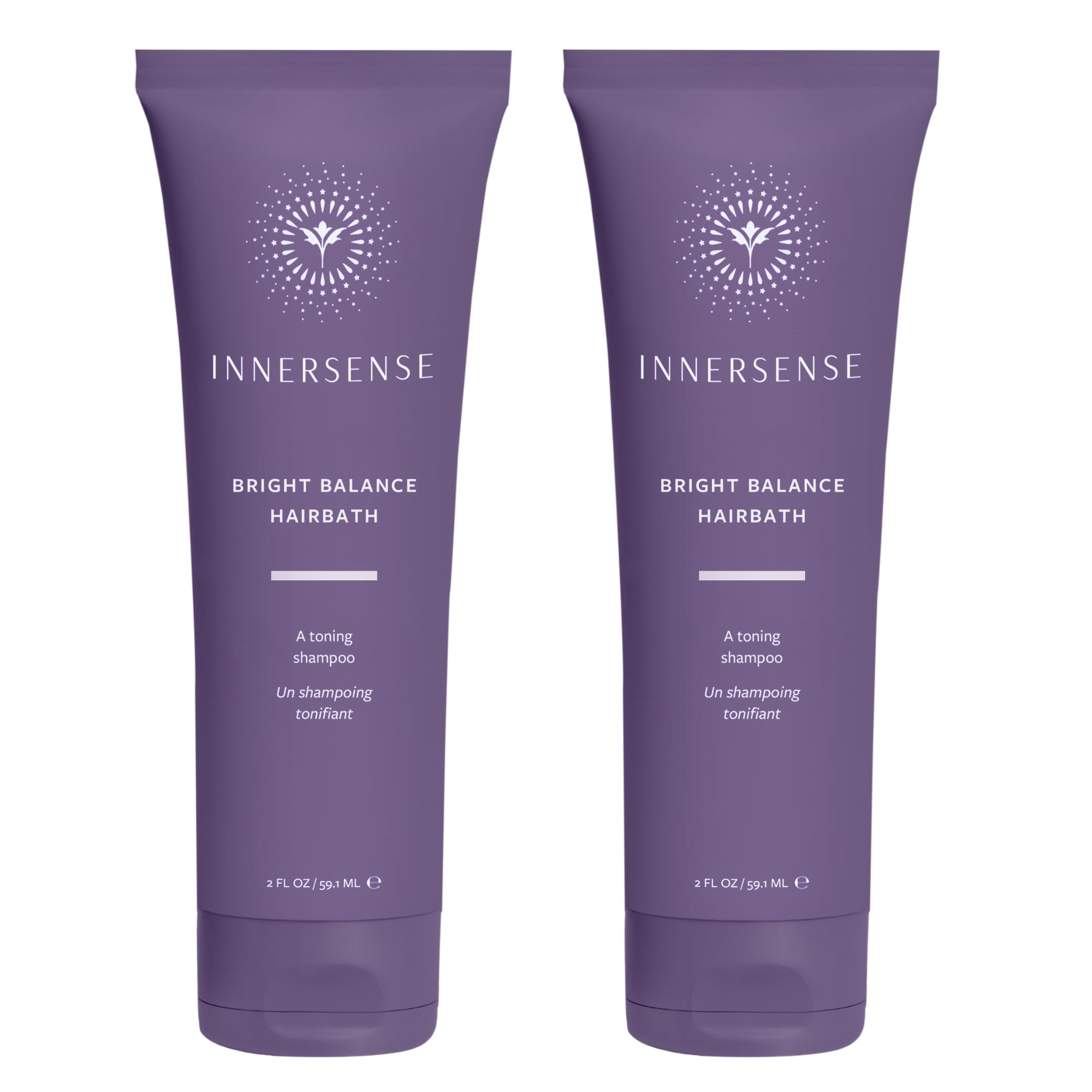 INNERSENSE Bright Balance Purple Hairbath bottle shows violet toning for brass neutralization.