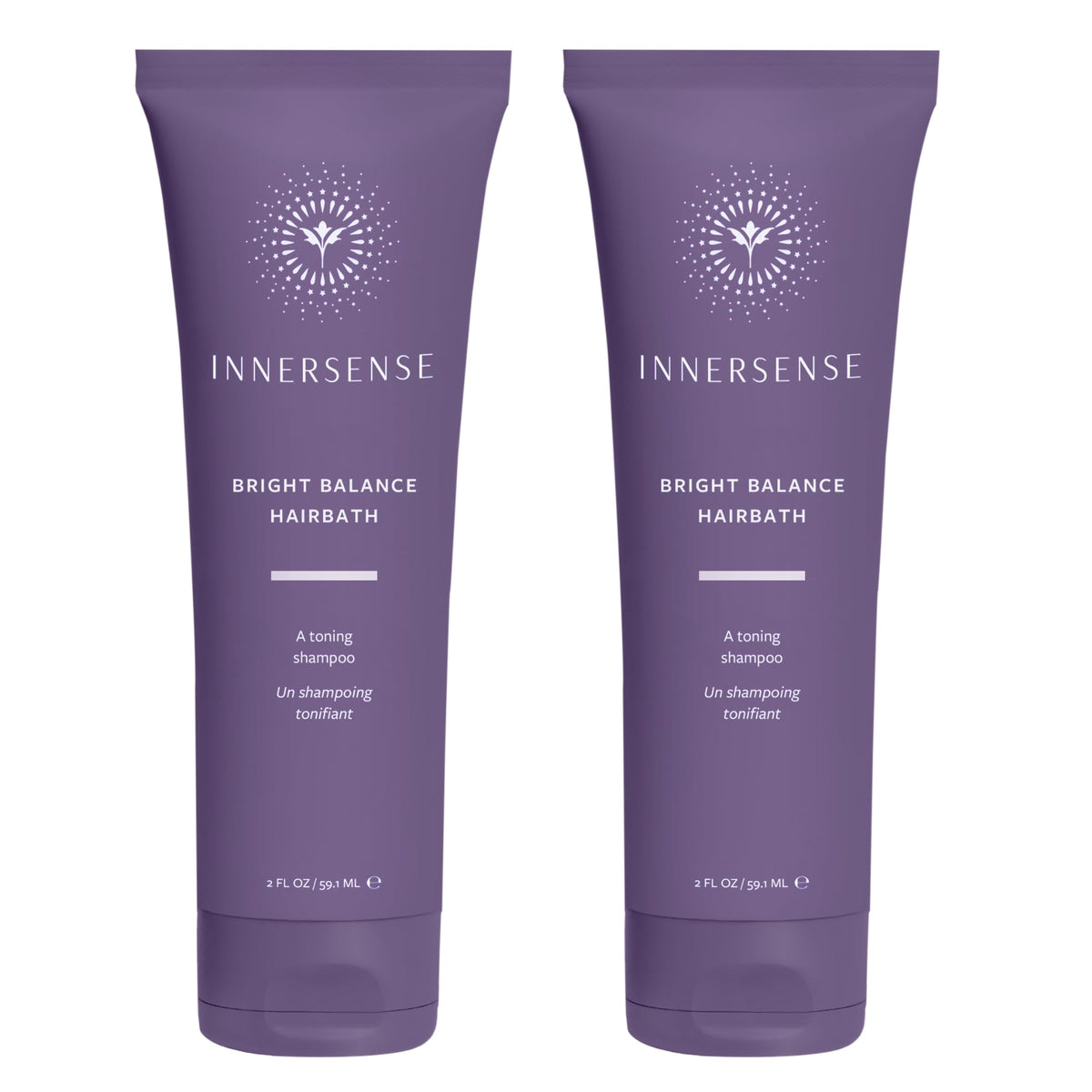 INNERSENSE Bright Balance Purple Hairbath bottle shows violet toning for brass neutralization.