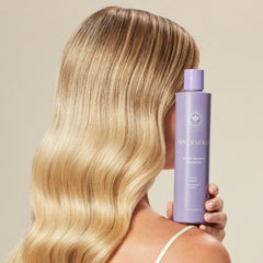 INNERSENSE Bright Balance Purple Hairbath label closeup highlights natural vegan cruelty-free formula.