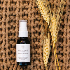 INNERSENSE Natural Harmonic Treatment Oil packaging close-up emphasizing clean ingredients
