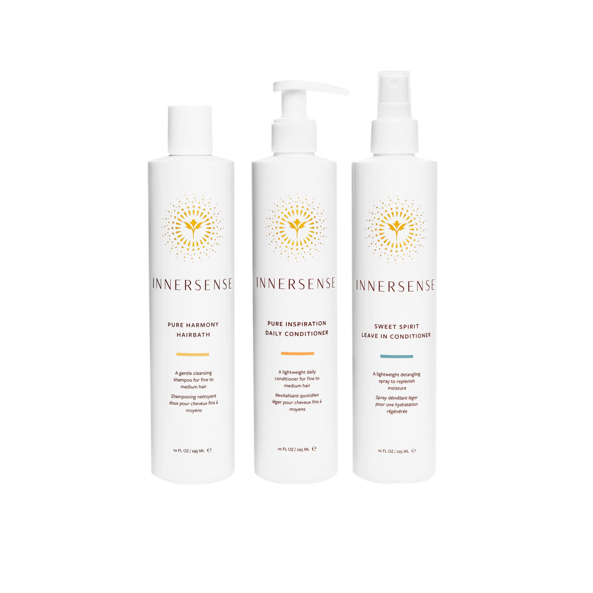 INNERSENSE Pure Harmony Trio: three full-size bottles for color-safe, lightweight, cruelty-free haircare.