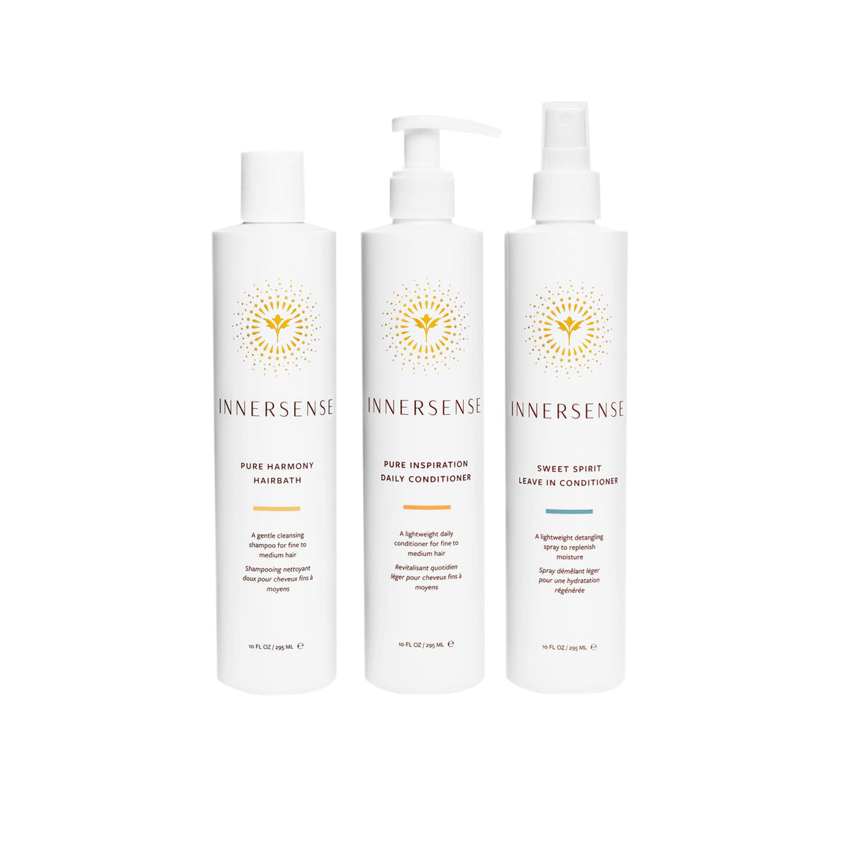 INNERSENSE Pure Harmony Trio: three full-size bottles for color-safe, lightweight, cruelty-free haircare.