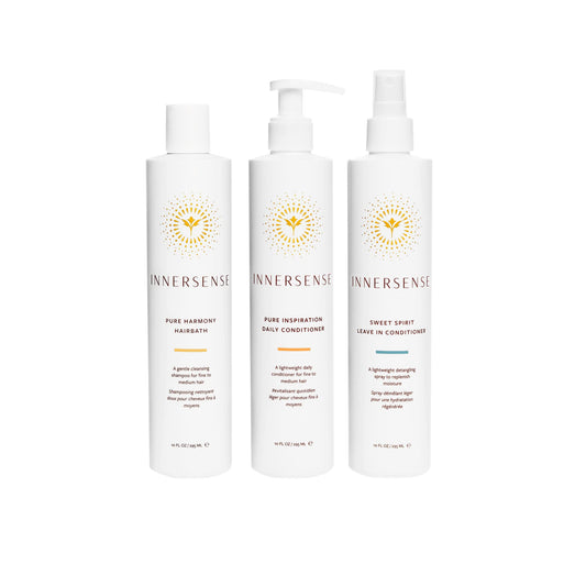 INNERSENSE Pure Harmony Trio: three full-size bottles for color-safe, lightweight, cruelty-free haircare.