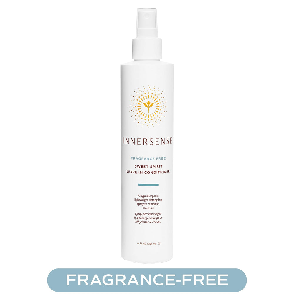 INNERSENSE Sweet Spirit Leave-In spray mist on damp hair for shine.