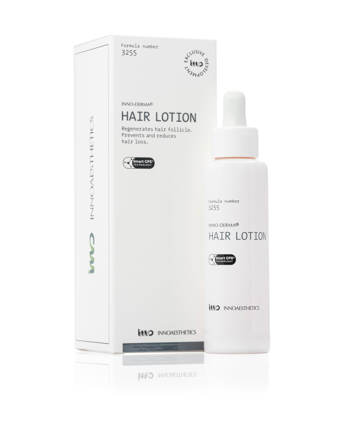 INNO-DERMA Hair Growth Lotion bottle demonstrating formula 3255 for scalp nourishment and potential hair growth support