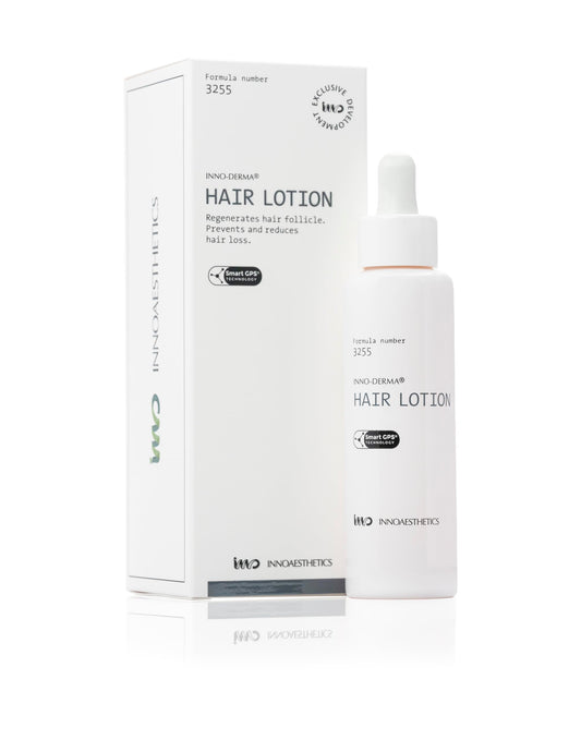 INNO-DERMA Hair Growth Lotion bottle demonstrating formula 3255 for scalp nourishment and potential hair growth support