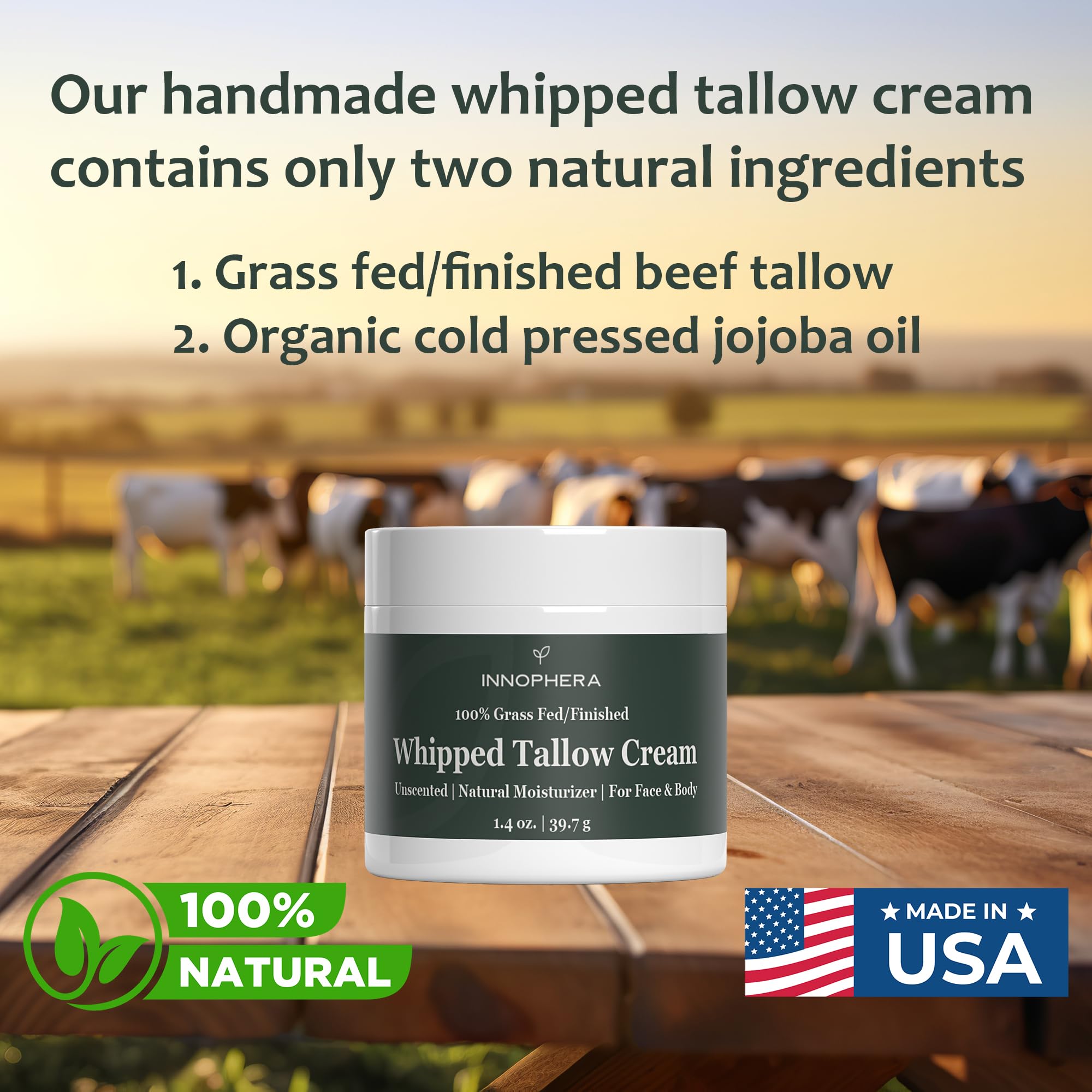 Innophera whipped beef tallow cream jar closeup highlights rich texture for deep hydration.