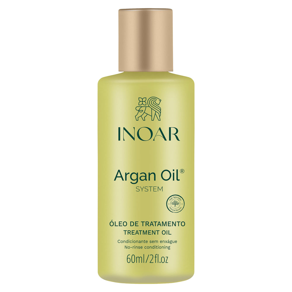 INOAR Argan Oil Hydrating Treatment bottle smoothing hair for frizz-free shine.