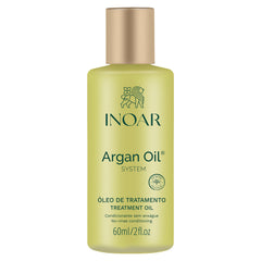 INOAR Argan Oil Hydrating Treatment bottle smoothing hair for frizz-free shine.