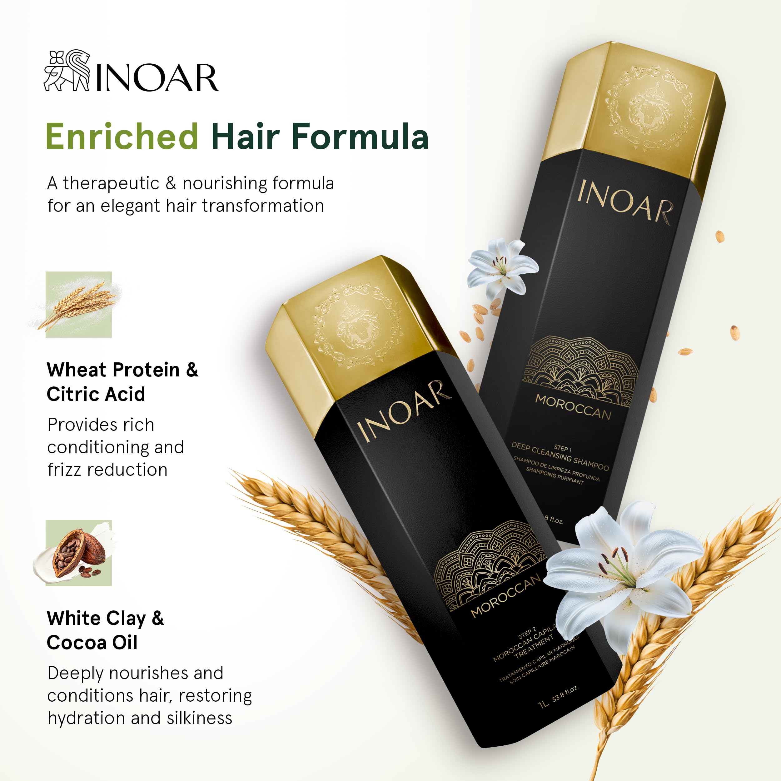 INOAR Deep cleansing shampoo label close-up emphasizes purifying lather for clean prep.