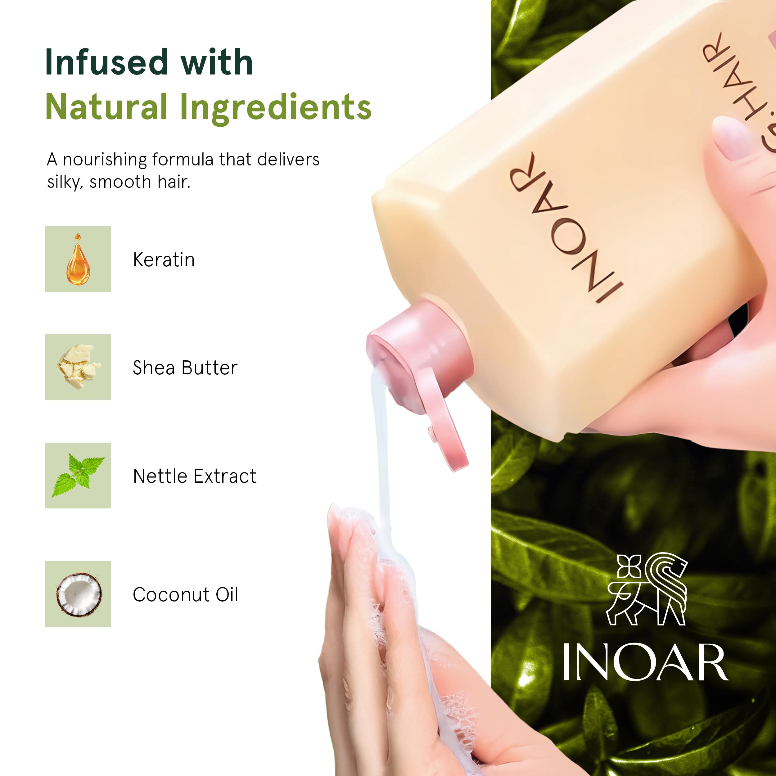 INOAR GHair keratin-rich formula highlights hair strength and elasticity.