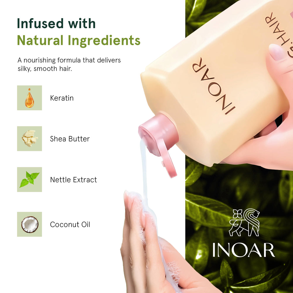 INOAR GHair keratin-rich formula highlights hair strength and elasticity.
