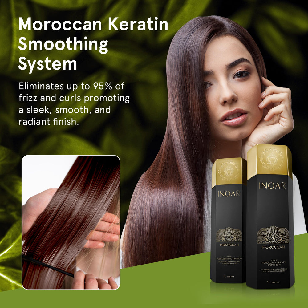INOAR Moroccan Keratin Smoothing Treatment tube with glossy finish supports frizz control.
