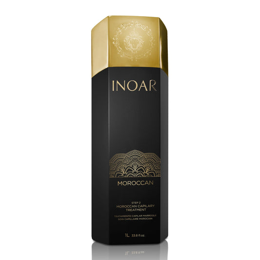 INOAR Moroccan Premium Treatment Step 2 jar with keratin and white clay for frizz reduction.