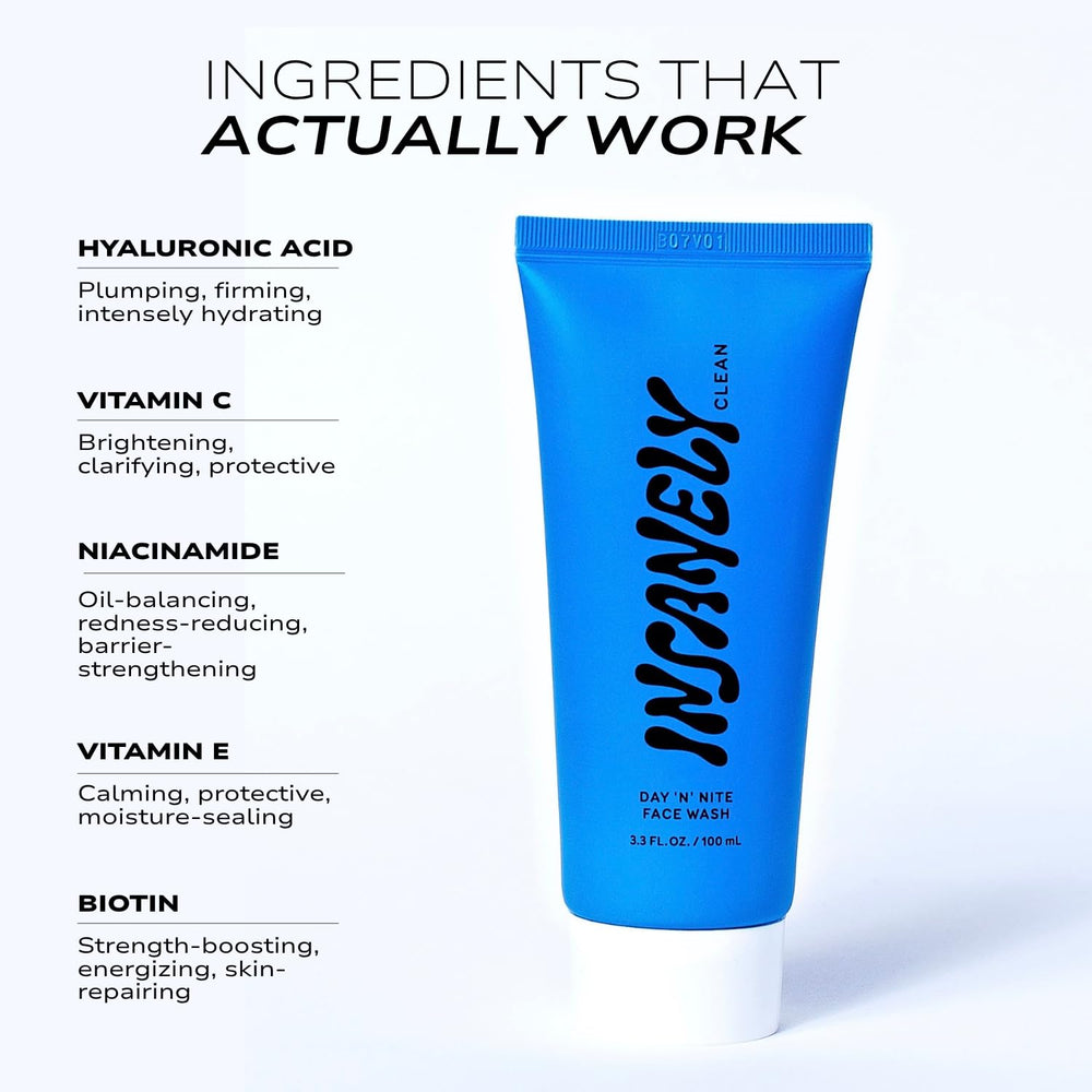 Insanely Clean Day N Nite face wash label detail shows vegan, dermatologist-tested formula.