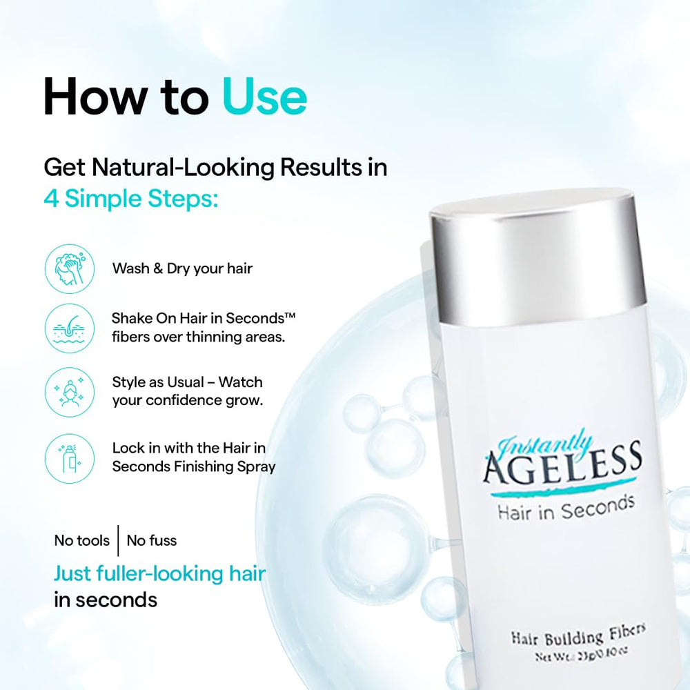 Instantly Ageless Hair in Seconds keratin derivatives enhance natural look when applied.