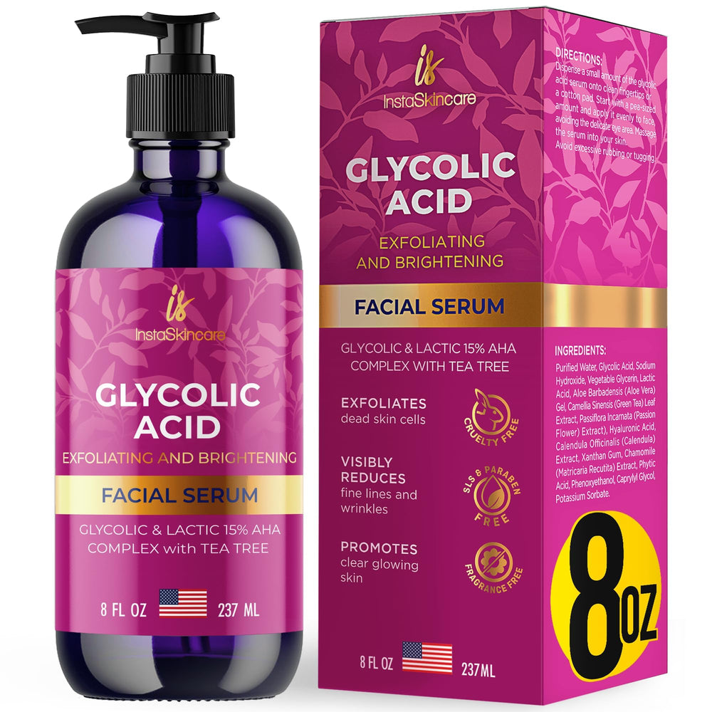 InstaSkincare Glycolic Serum 15% bottle promotes gentle exfoliation for brighter skin.