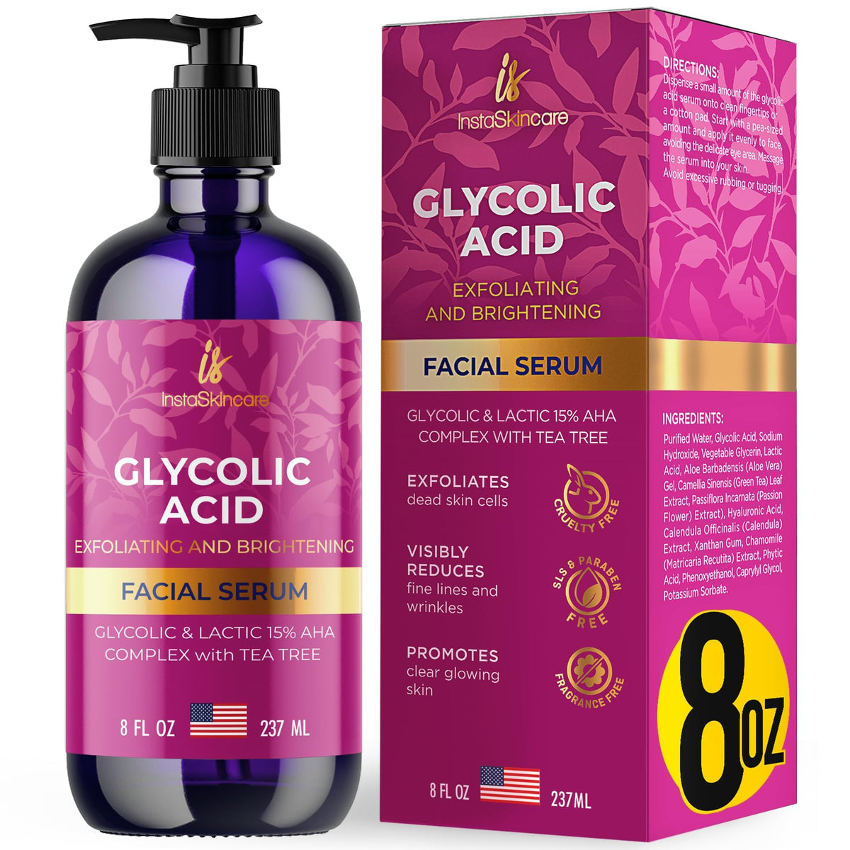 InstaSkincare Glycolic Serum 15% bottle promotes gentle exfoliation for brighter skin.