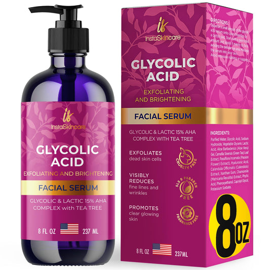 InstaSkincare Glycolic Serum 15% bottle promotes gentle exfoliation for brighter skin.