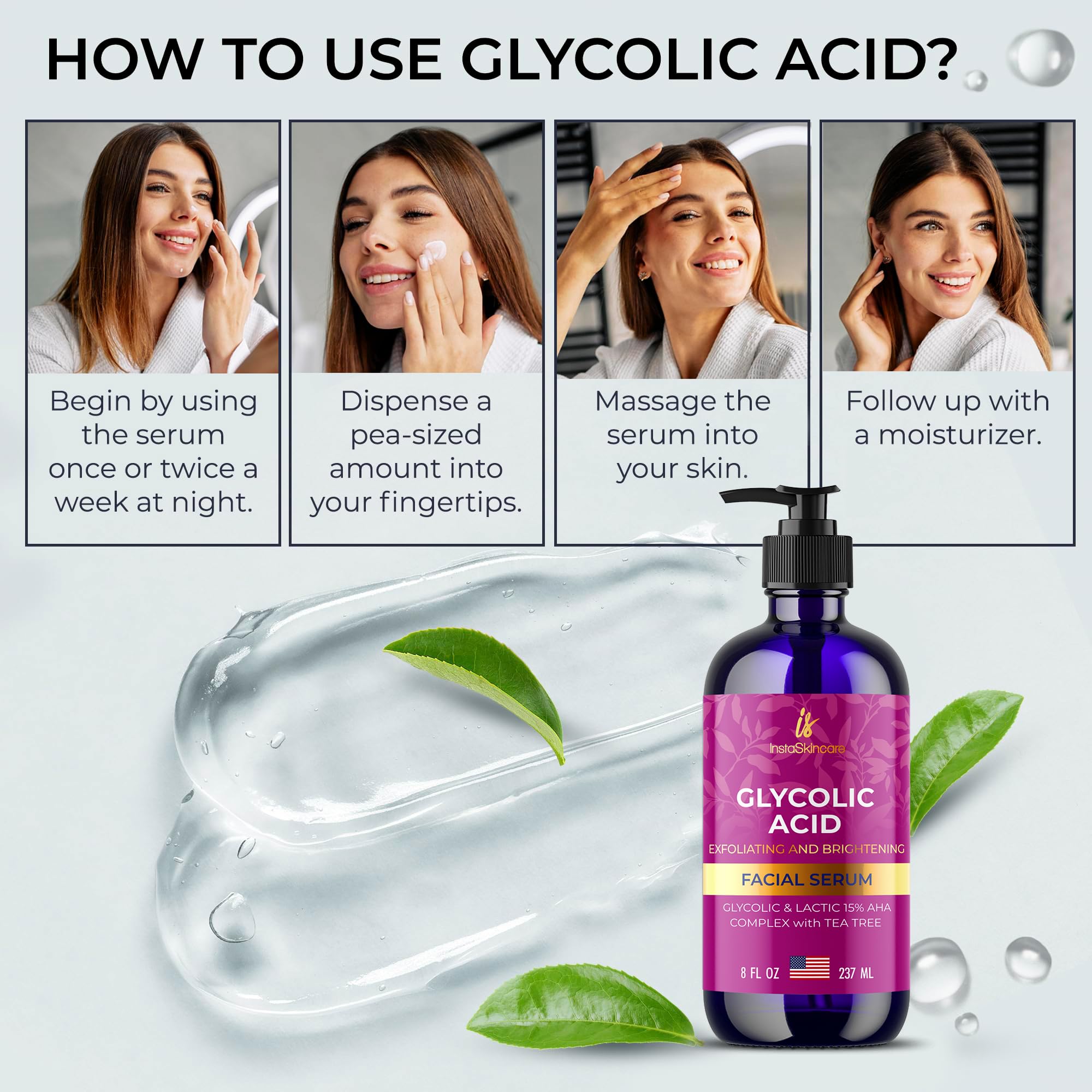 InstaSkincare Glycolic Serum 8oz packaging emphasizes generous supply for ongoing use.