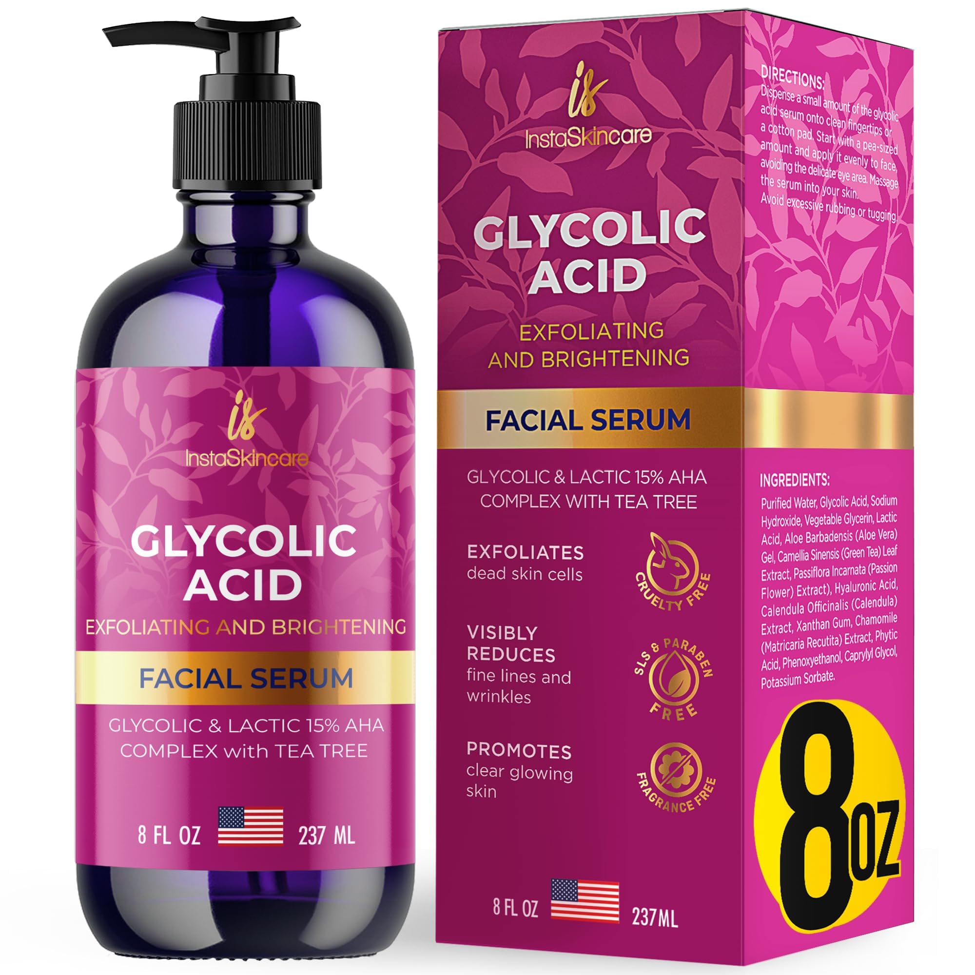 InstaSkincare Glycolic Serum 15% liquid swatch shows translucent formula for glow.