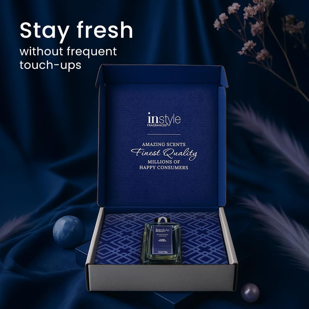 InStyle Fragrances Dark Woods label-detail showcases vegan and paraben-free credentials