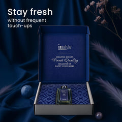 InStyle Fragrances Dark Woods label-detail showcases vegan and paraben-free credentials