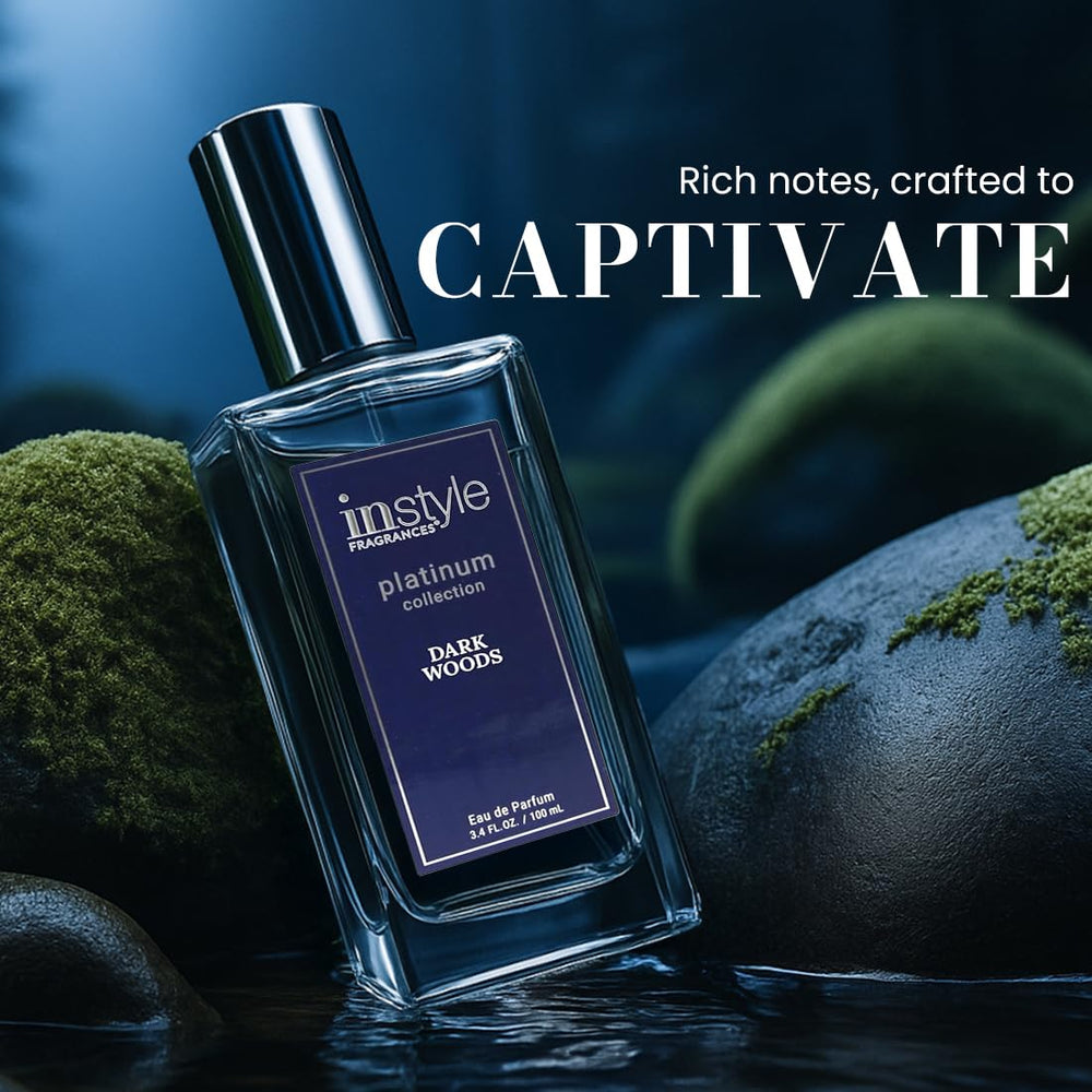 InStyle Fragrances Dark Woods lifestyle shot suggests confident, versatile fragrance for day or night