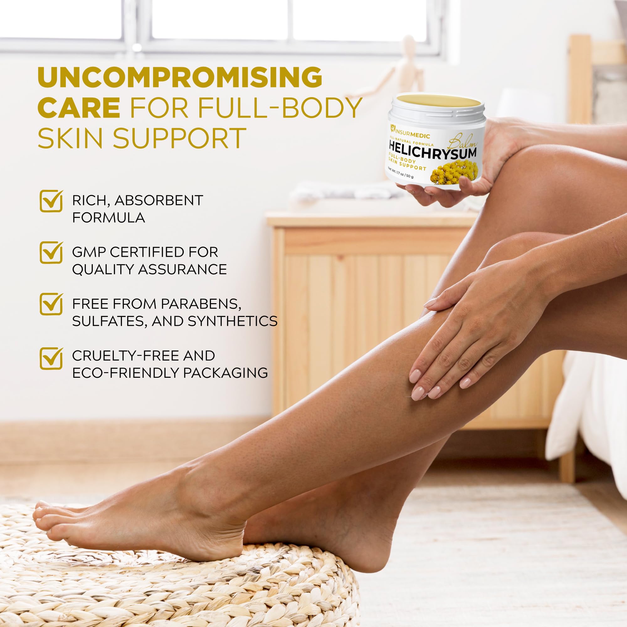 InsurMedic Helichrysum Balm applied to face for gentle hydration