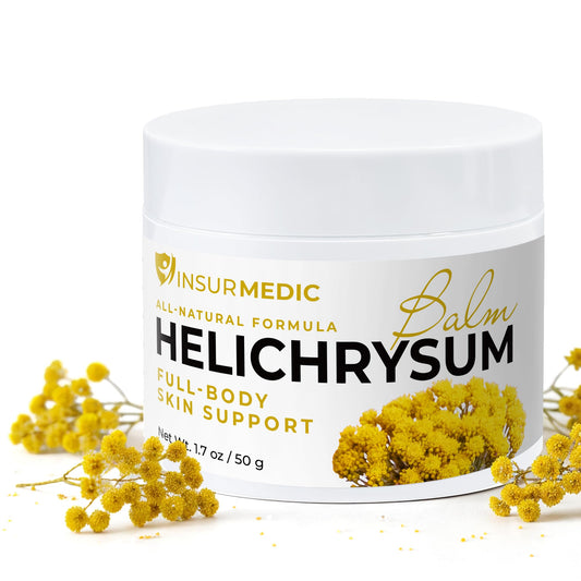 InsurMedic Helichrysum Balm jar close-up shows creamy texture for daily hydration