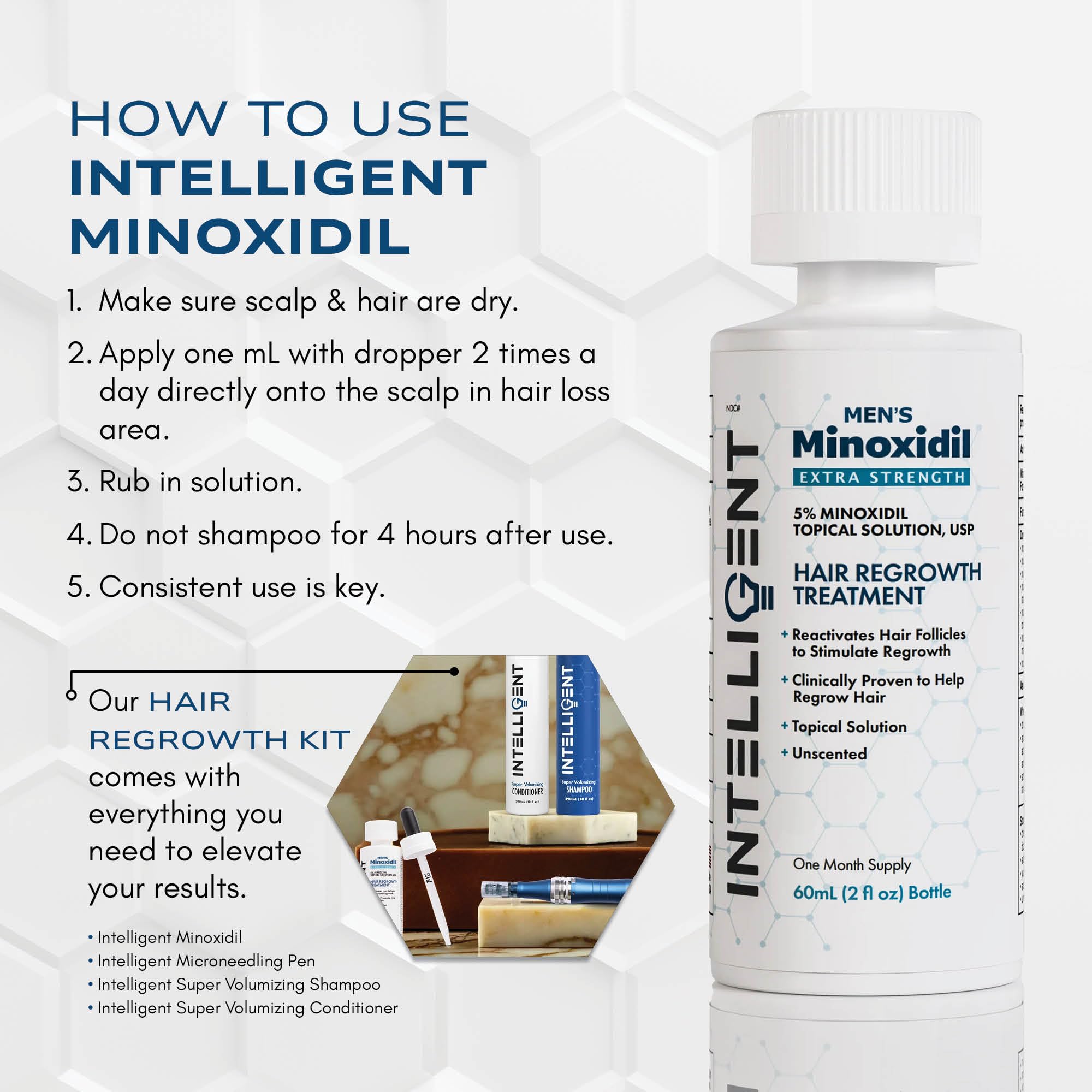 Non-oily finish from Intelligent Minoxidil supports styling.