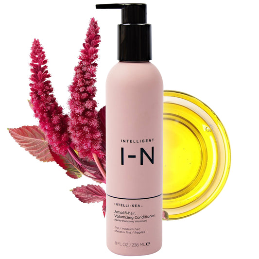 Intelligent Nutrients Amplifi-Hair bottle pour shows weightless hydration for fine hair.