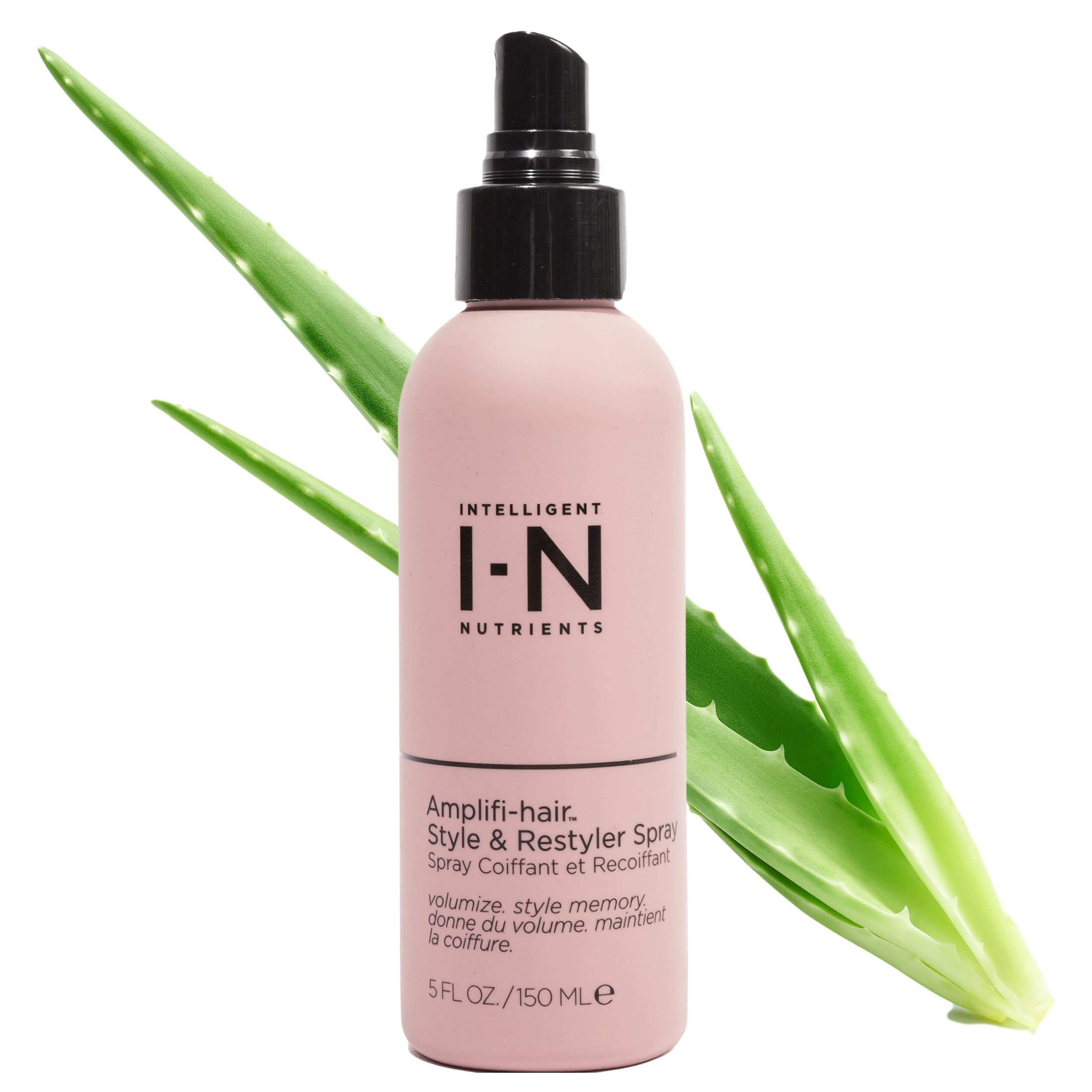 Intelligent Nutrients Amplifi-hair spray bottle providing lightweight hold for restyling.
