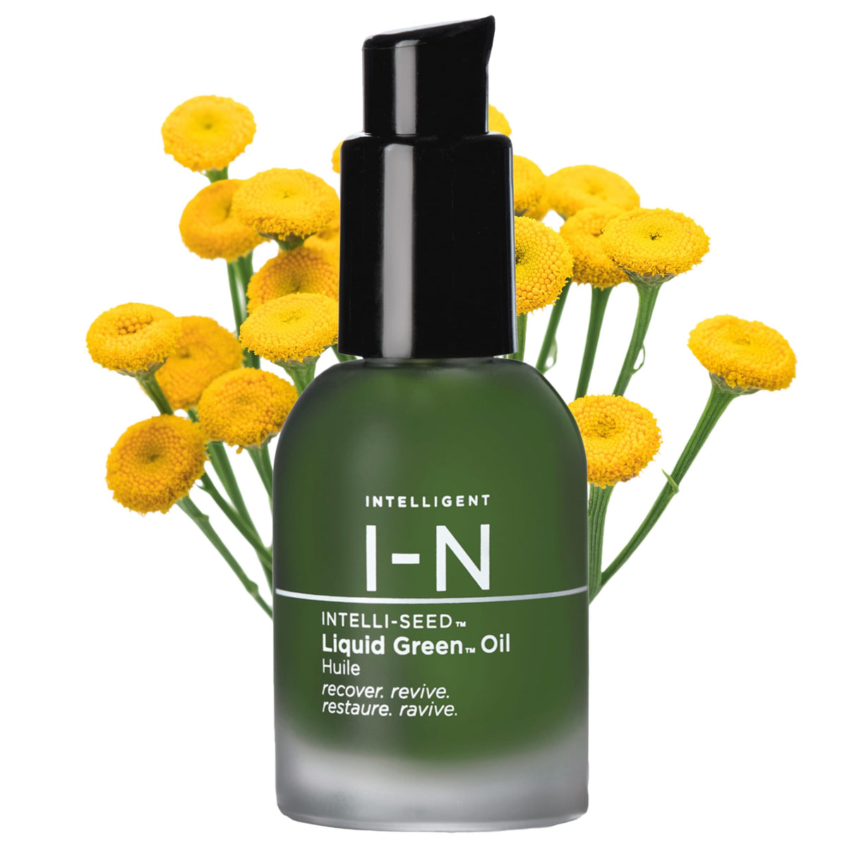 Intelligent Nutrients Liquid Green Face Oil bottle close-up highlighting nourishing formula.