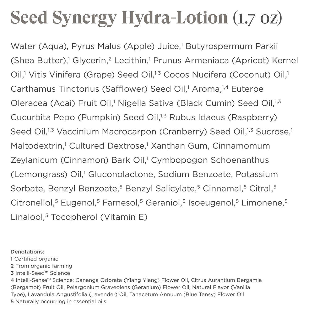 Intelligent Nutrients Seed Synergy Hydra-Lotion pump-top enables easy daily application and balanced moisture.