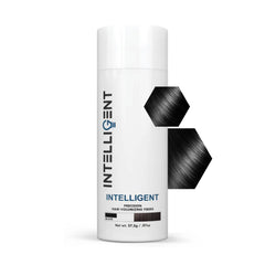 Intelligent Shop Hair Fibers Black bottle close-up showing natural coverage and quick application.