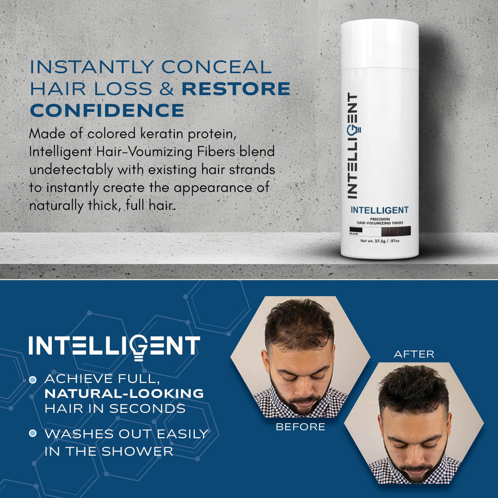 Intelligent Shop Hair Fibers Light Brown application brush blends fibers with natural hair.