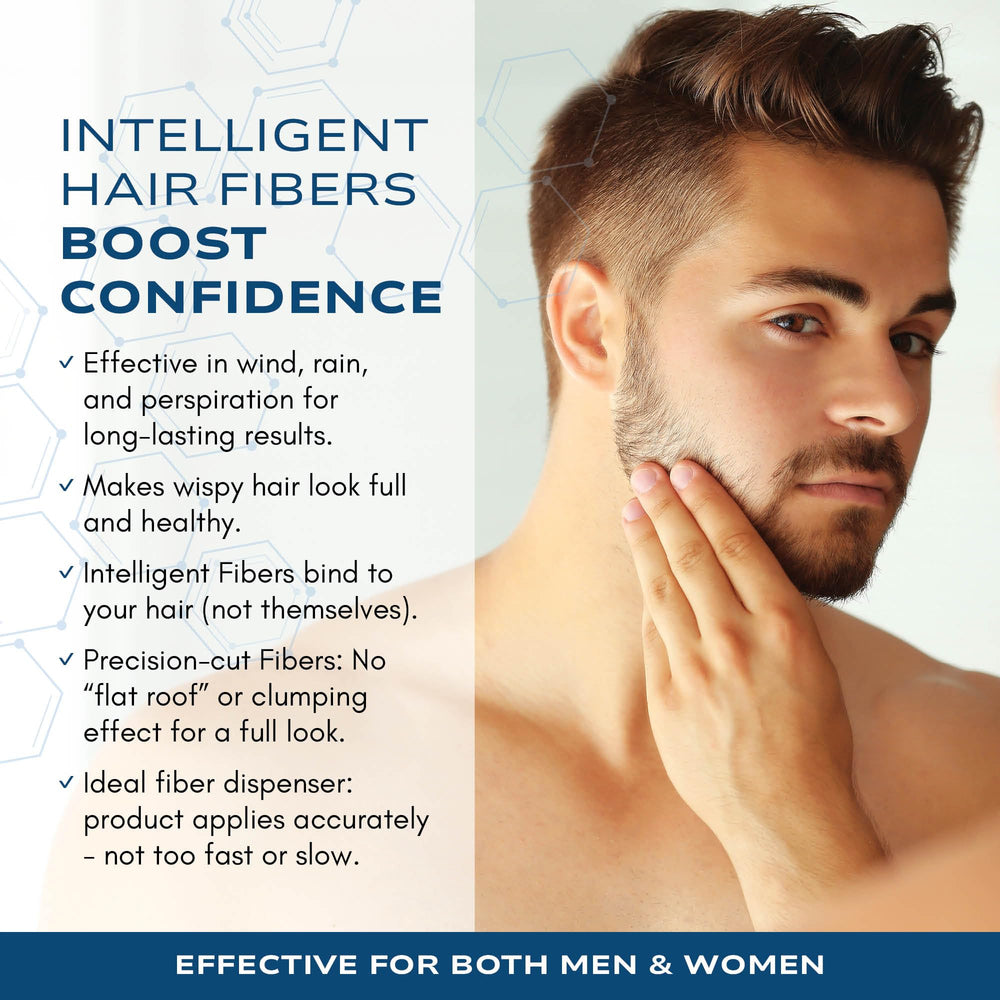 Intelligent Shop Hair Fibers Light Brown texture closeup shows fine, natural-looking fibers.