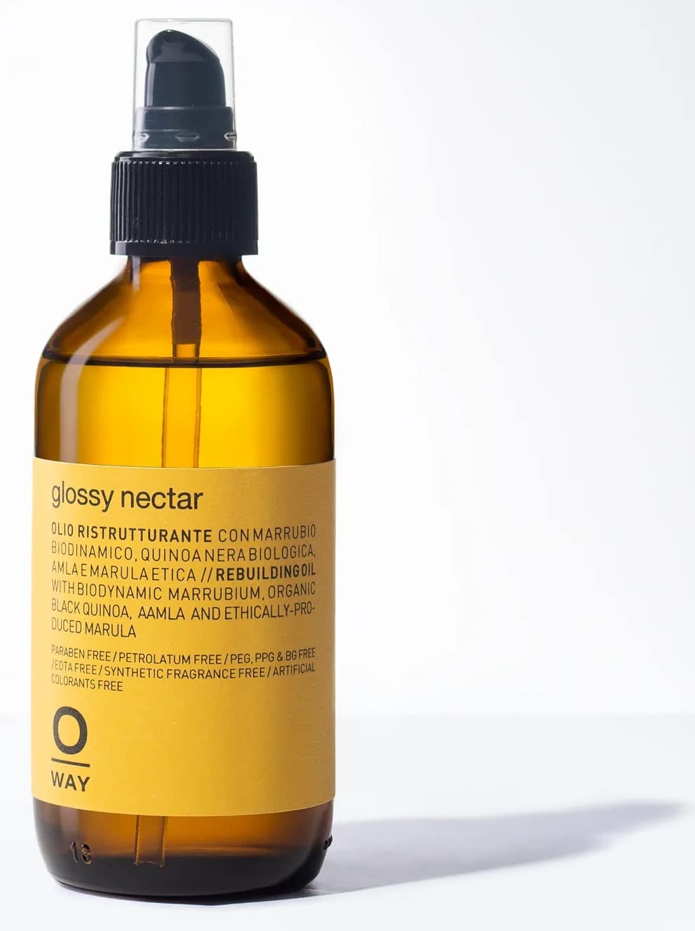 Intense 0way Glossy Nectar bottle showcasing biodynamic quinoa and marula oil for radiant hair shine.