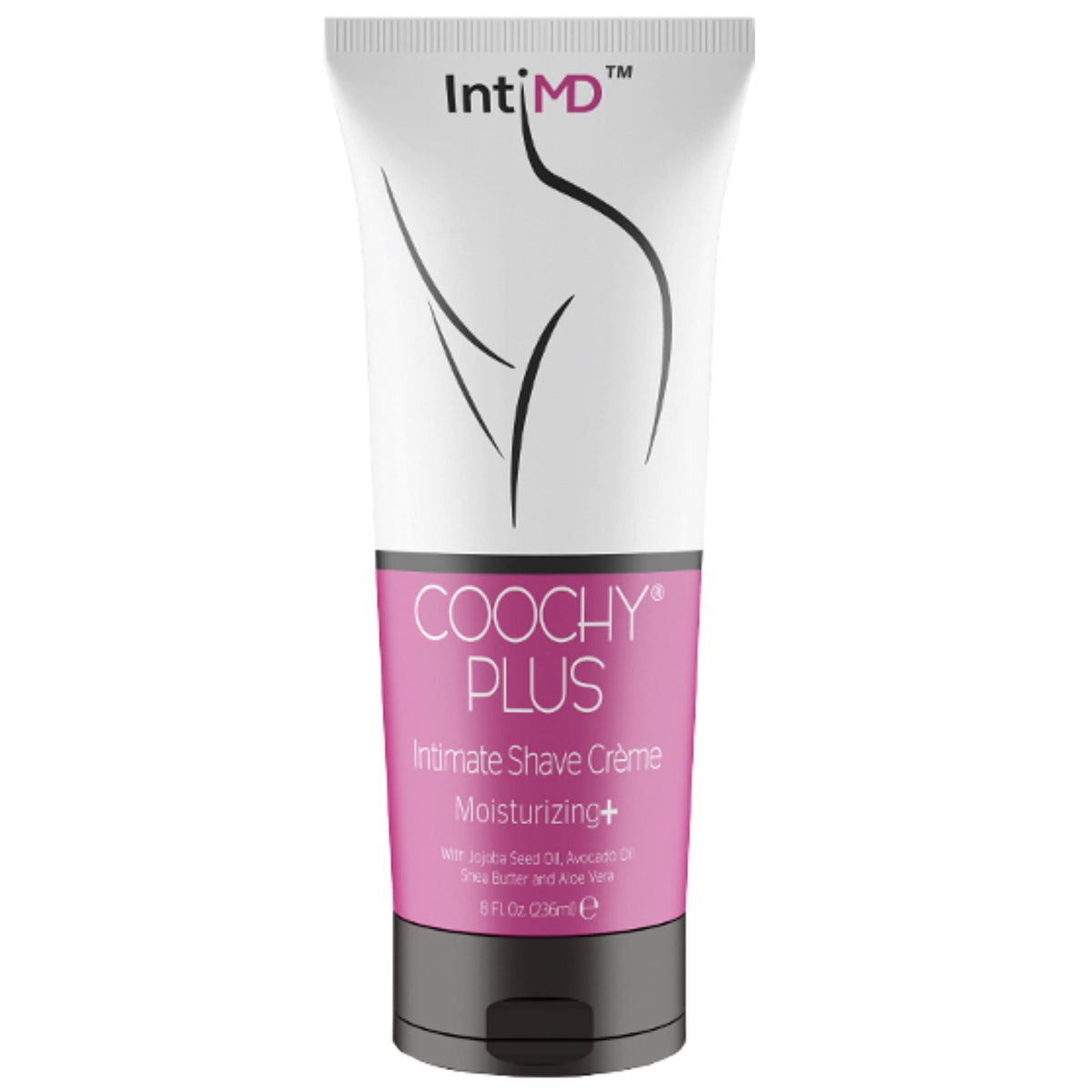 IntiMD Coochy Plus bottle front shows easy, moisturized shaving prep.