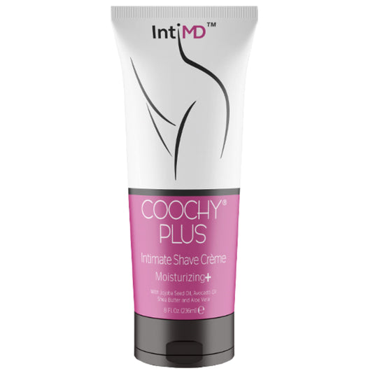 IntiMD Coochy Plus bottle front shows easy, moisturized shaving prep.