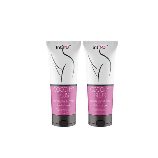 IntiMD Coochy Plus intimate shave cream bottle highlighting moisturizing formula for smooth shaving