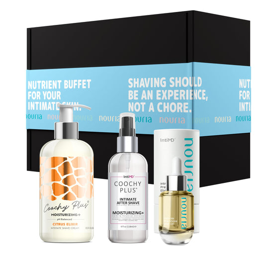 IntiMD Nouria Pre-Shave Elixir Oil bottle for deep hydration before shaving
