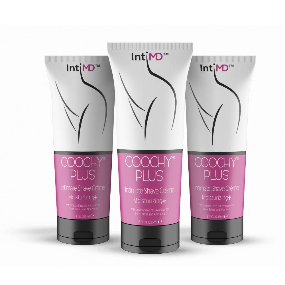 IntiMD COOCHY PLUS bottle pour supports a smooth shave with moisturizing care.