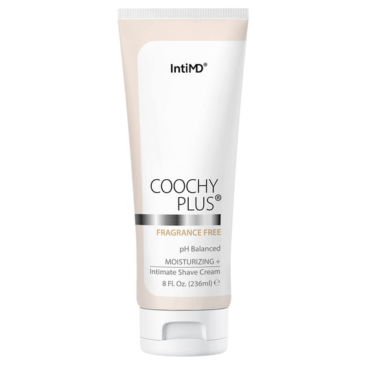 IntiMD Coochy Plus fragrance-free cream application for irritation-free shaving.