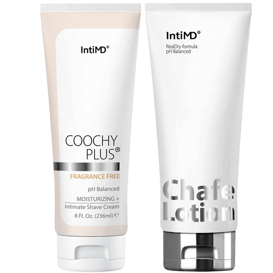 IntiMD Coochy Plus fragrance-free cream jar for a smooth shave with skin hydration.