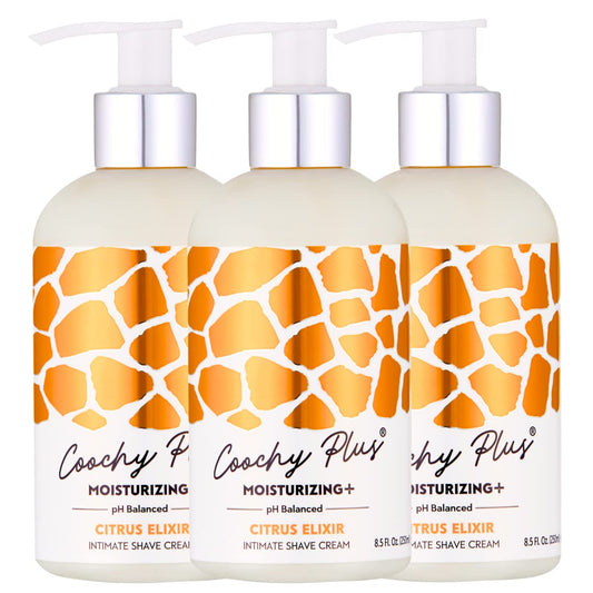 IntiMD Coochy Plus Citrus Elixir bottle ready for shaving routine with smooth glide